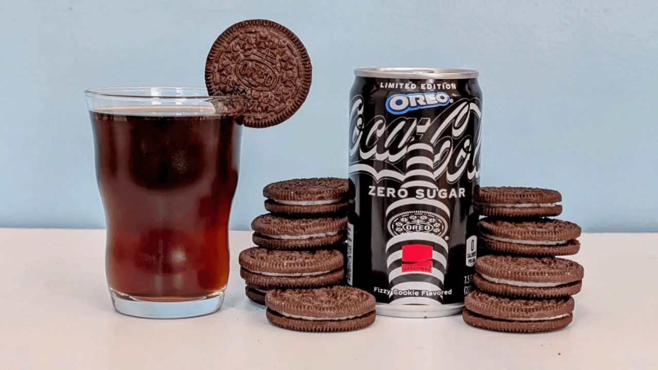Oreo Coke Zero in a class beside a can of it